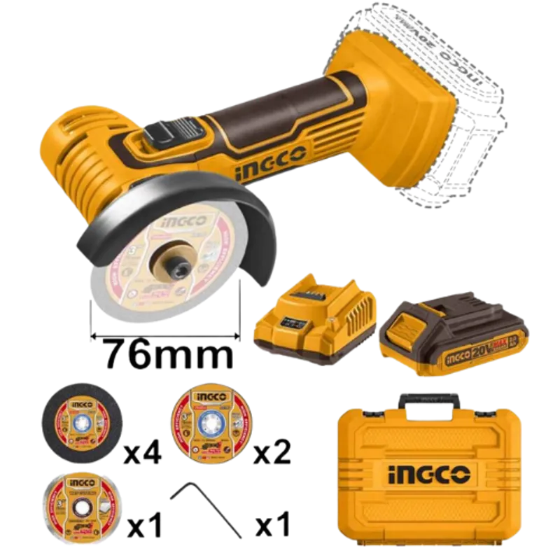 Mini meuleuse d’angle sans fils au lithium-ion (20 V) INGCO