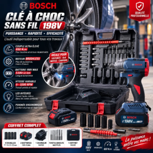 Valise 37 Pcs Clé à Choc Sans Fil Bosh 3 en 1 – 198V Double Battrie 6.0Ah